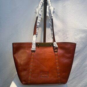 🆕 Patricia Nash Cognac Leather Tote with Brass Accents